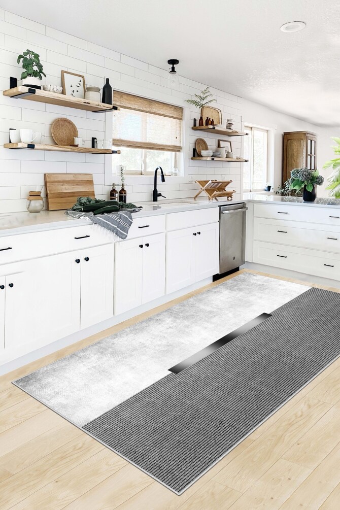 West Home WH559 Grey Modern Machine Washable, Non-Slip Base, Stain Resistant, Antiallergic and Antibacterial, Rectangular Kitchen Rug - 1