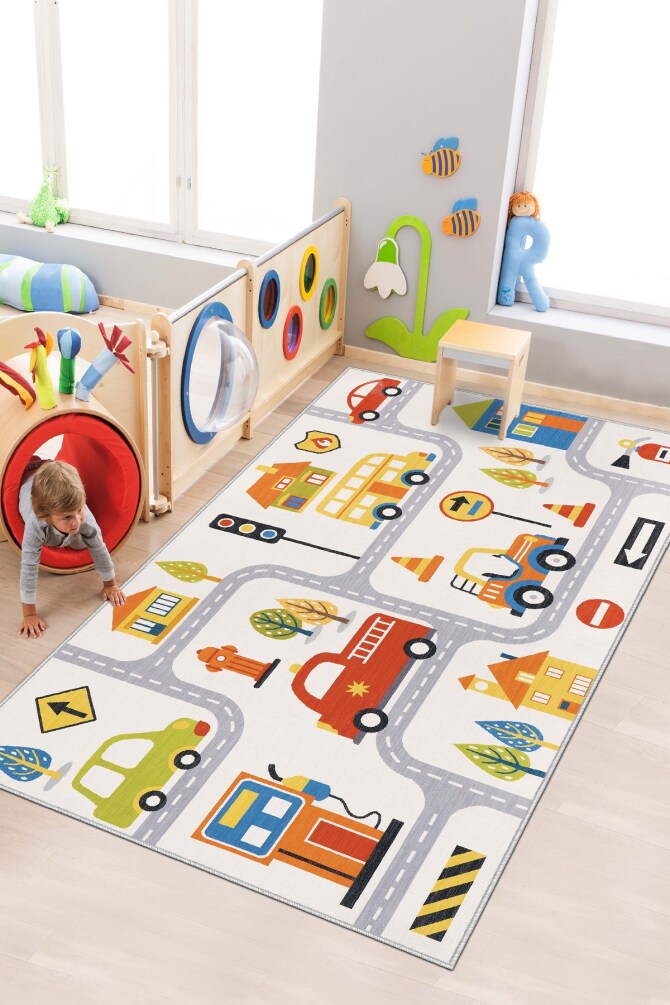 West Home WH562 Multy Road Patterned Machine Washable, Non-Slip, Stain Resistant, Antiallergic and Antibacterial, Rectangular Children's Play Rug - 1