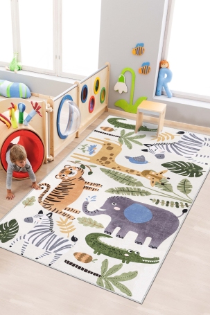 West Home WH563 Green Safari Patterned Machine Washable, Non-Slip, Stain Resistant, Antiallergic and Antibacterial, Rectangular Children's Play Rug - 1