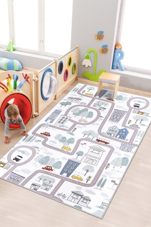 West Home WH564 White Road Patterned Machine Washable, Non-Slip, Stain Resistant, Antiallergic and Antibacterial, Rectangular Children's Play Rug - 1