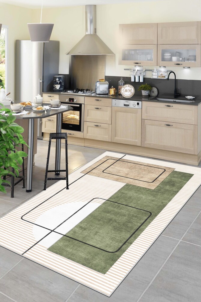 West Home WH579 Beige Modern Machine Washable, Non-Slip Base, Stain Resistant, Antiallergic and Antibacterial, Rectangular Kitchen Rug - 1