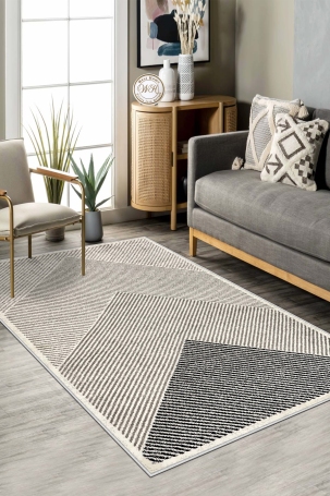 West Home WH586 Beige Geometric Machine Washable, Non-Slip Base, Stain Resistant, Antiallergic and Antibacterial, Rectangular Living Room Rug - 1