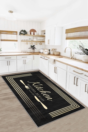 West Home WH595 Black Modern Machine Washable, Non-Slip Base, Stain Resistant, Antiallergic and Antibacterial, Rectangular Kitchen Rug - 1