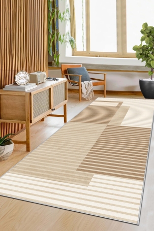 West Home WH601 Beige Striped Machine Washable, Non-Slip Base, Stain Resistant, Antiallergic and Antibacterial, Rectangular Cut Runner 