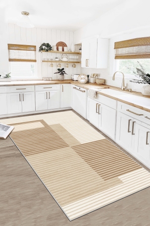 West Home WH601 Beige Striped Machine Washable, Non-Slip Base, Stain Resistant, Antiallergic and Antibacterial, Rectangular Kitchen Rug - 1