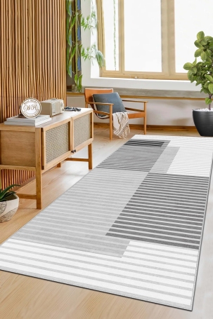 West Home WH601 Grey Striped Machine Washable, Non-Slip Base, Stain Resistant, Antiallergic and Antibacterial, Rectangular Cut Runner 