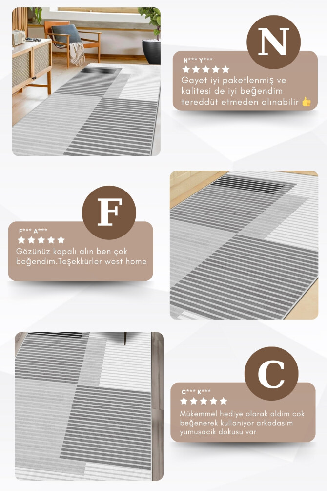 West Home WH601 Grey Striped Machine Washable, Non-Slip Base, Stain Resistant, Antiallergic and Antibacterial, Rectangular Cut Runner - 4