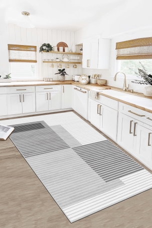 West Home WH601 Grey Striped Machine Washable, Non-Slip Base, Stain Resistant, Antiallergic and Antibacterial, Rectangular Kitchen Rug 