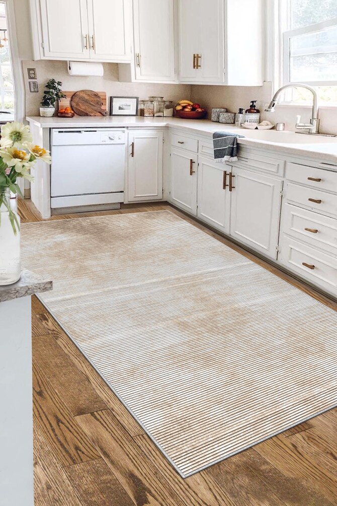 West Home WH610 Beige Modern Machine Washable, Non-Slip Base, Stain Resistant, Antiallergic and Antibacterial, Rectangular Kitchen Rug - 1