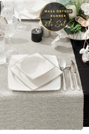 West Home White-Grey Premium Linen Runner and Tablecloth Double Set (1,5' × 6' - 5' × 7,2') - 1